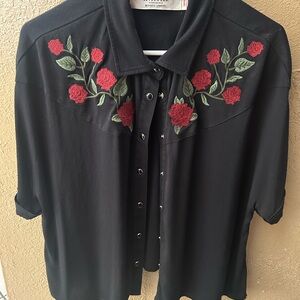 Idyllwind Black Shirt with Red Floral Embroidery